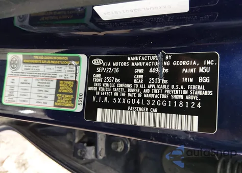 2016 Kia Optima Ex z USA, uszkodzony, nr VIN 5XXGU4L32GG118124